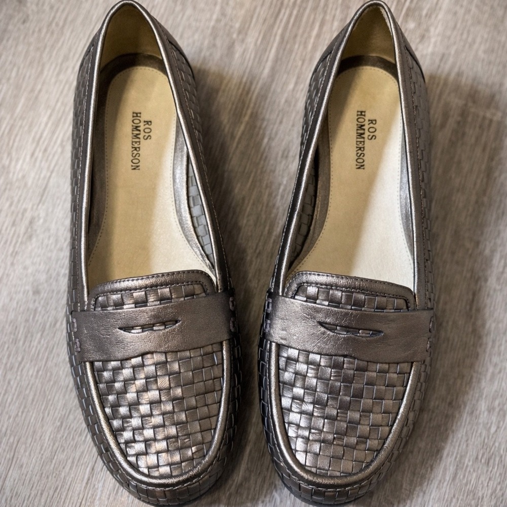 Ros Hommerson Womens Metallic Pewter Woven Leather Penny Loafers Flats Size 7.5M